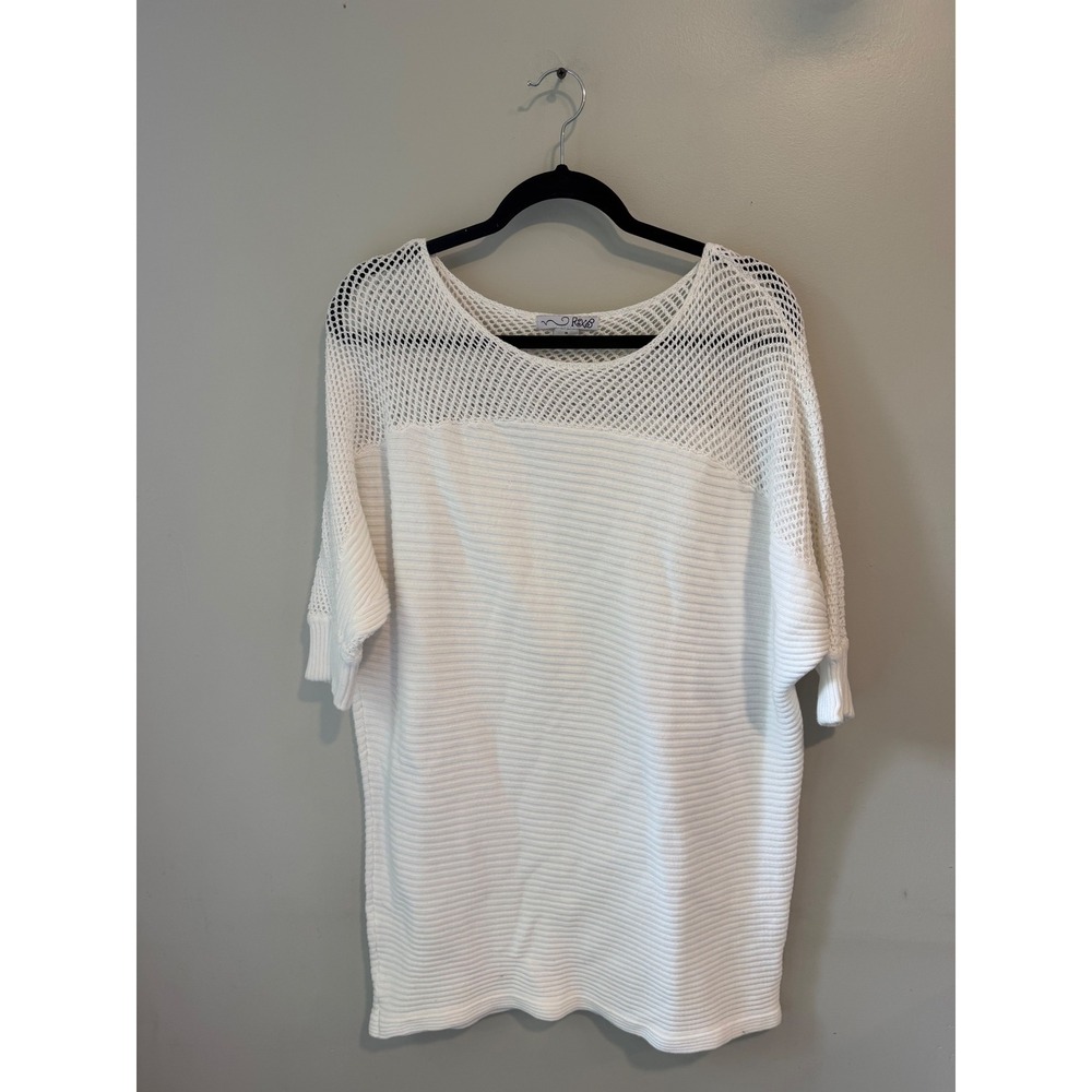 RXB Womens White‎ 100% Cotton Ribbed Mesh Yoke Short Sleeve Sweater Size M